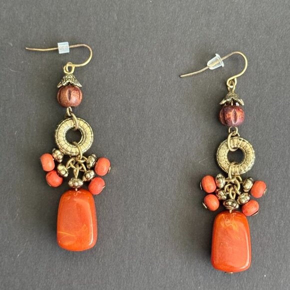 Vintage 80's Orange Aux Agate Wood Bead Necklace Earrings Set W/ Brass Accents - Picture 3 of 8